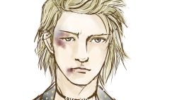 Rule 34 | 1boy, blonde hair, blood, blood from mouth, blood on face, blue eyes, bruise, bruise on face, collar, evan townshend, final fantasy, final fantasy vii, highres, injury, jewelry, looking at viewer, male focus, necklace, simple background, solo, square enix, white background