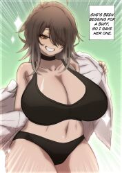 Rule 34 | 1girl, ahoge, black bra, black choker, bra, breasts, brown eyes, brown hair, choker, cleavage, collarbone, cowboy shot, english text, green background, grin, hair over one eye, highres, huge breasts, looking at viewer, naoillus, navel, open clothes, open shirt, original, rinni (naoillus), shirt, smile, solo, underwear, white shirt