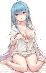 Rule 34 | 1girl, absurdly long hair, ahoge, barefoot, blue hair, bottomless, breasts, colored inner hair, dress shirt, hair between eyes, highres, large breasts, long hair, looking at viewer, mole, mole under eye, multicolored hair, naked shirt, no bra, open clothes, open mouth, open shirt, original, pink hair, shirt, simple background, sitting, solo, very long hair, wariza, wet.elephant, white background, white shirt