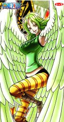 Rule 34 | 1girl, breasts, female focus, green hair, harpy, highres, large breasts, long hair, looking at viewer, monet (one piece), monster girl, official art, one piece, scan, smile, wings