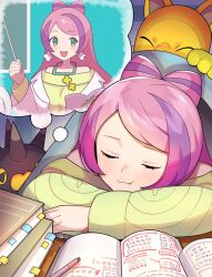 Rule 34 | 1girl, :t, blanket, book, closed eyes, closed mouth, commentary request, creatures (company), eyelashes, game freak, gen 1 pokemon, gen 8 pokemon, highres, hypno, indoors, katwo, long hair, long sleeves, miriam (pokemon), nintendo, pen, pincurchin, pink hair, pokemon, pokemon (creature), pokemon sv, skirt, sleeping, striped clothes, striped skirt, sweater, thought bubble, yellow sweater
