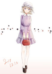 Rule 34 | 1girl, bag, blonde hair, dated, dress, female focus, full body, gradient background, handbag, hat, head tilt, highres, holding, holding bag, loafers, looking at viewer, maribel hearn, mob cap, pantyhose, poteimo (poteimo622), purple dress, shoes, short hair, simple background, solo, standing, touhou, white background, white pantyhose