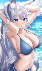 Rule 34 | 1girl, absurdres, animal ears, arms up, azur lane, bikini, blue bikini, blue eyes, blush, breasts, cleavage, fox ears, fox girl, fox tail, grey hair, highres, jyu-so, large breasts, long hair, looking at viewer, outdoors, parted lips, shinano (azur lane), solo, swimsuit, tail, water, wet