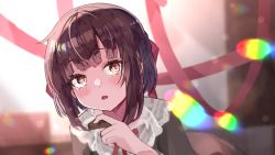 Rule 34 | 1girl, :o, absurdres, bedroom, black pajamas, black shirt, blush, bow, brown hair, candy, child, chocolate, chocolate bar, commission, eating, fallenshadow, fang, food, hair bow, highres, indie virtual youtuber, lace, lace trim, light particles, light rays, looking to the side, non-web source, open mouth, pajamas, pink eyes, ribbon, shirt, short hair, sidelocks, skeb commission, solo, tamago nezumi, virtual youtuber