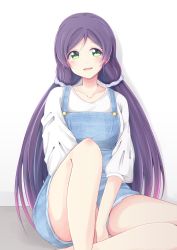 Rule 34 | 1girl, :d, between legs, blush, casual, chiro (bocchiropafe), collarbone, green eyes, hand between legs, highres, knee up, long hair, long sleeves, looking at viewer, love live!, love live! school idol project, open mouth, overall shorts, overalls, purple hair, purple scrunchie, scrunchie, shirt, sitting, smile, solo, tojo nozomi, twintails, white background, white shirt