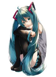 Rule 34 | 1girl, absurdres, aqua eyes, aqua hair, bare shoulders, black skirt, black sleeves, black thighhighs, boots, commentary, detached sleeves, full body, grey shirt, hair ornament, hatsune miku, head rest, highres, hugging own legs, long hair, looking at viewer, manya sora, miniskirt, pleated skirt, shirt, sitting, skirt, sleeveless, sleeveless shirt, smile, solo, thigh boots, thighhighs, twintails, very long hair, vocaloid, white background