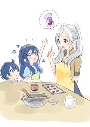 Rule 34 | 1boy, 2girls, aged down, ahoge, alternate costume, apron, baking sheet, blue eyes, blue hair, blush, bowl, brother and sister, brown eyes, family, fire emblem, fire emblem awakening, flower, hand up, highres, long hair, lucina (fire emblem), morgan (fire emblem), morgan (male) (fire emblem), mother and daughter, mother and son, multiple girls, nintendo, open mouth, puni y y, robin (female) (fire emblem), robin (fire emblem), short hair, siblings, table, teapot, tiara, tray, twintails, white hair