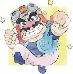 Rule 34 | 1boy, big nose, blue footwear, blue shirt, clenched hands, clenched teeth, facial hair, goggles, goggles on headwear, helmet, looking at viewer, lowres, mustache, nintendo, official art, pants, pink pants, pointy ears, shirt, star (symbol), takeuchi kou, teeth, thick eyebrows, third-party source, wario, warioware, warioware: get it together!