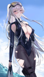 Rule 34 | absurdres, alternate costume, armpit cutout, azur lane, blue sky, blush, bodysuit, breasts, clothing cutout, cloud, cloudy sky, diving suit, enterprise (azur lane), enterprise (diving under blue skies) (azur lane), eyebrows hidden by hair, flippers, goggles, goggles on head, hair between eyes, haizou bingsan, highres, holding, in water, large breasts, long hair, looking at viewer, official alternate costume, pantyhose, plunging neckline, ponytail, purple eyes, scuba, scuba tank, sky, swimsuit, torn clothes, torn pantyhose, water, wet, wetsuit, white hair