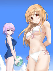 Rule 34 | 2girls, ayane (doa), ball, bikini, breasts, brown eyes, brown hair, chemical-x, day, dead or alive, kasumi (doa), long hair, multiple girls, one-piece swimsuit, purple hair, school swimsuit, short hair, siblings, side-tie bikini bottom, sisters, sky, swimsuit, tecmo, volleyball, volleyball (object)