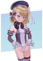Rule 34 | 1girl, absurdres, azur lane, beret, blonde hair, blue hat, blush, bow, breasts, closed mouth, commentary, commission, detached sleeves, english commentary, gloves, hair bow, hat, headphones, headphones around neck, highleg, highleg leotard, highres, leotard, looking at viewer, pixiv commission, purple eyes, retrofit (azur lane), saaal653, short hair, simple background, small breasts, solo, thighhighs, white gloves, z23 (azur lane)