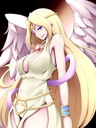 Rule 34 | 1girl, angel, angel wings, arms at sides, barefoot, blonde hair, bracelet, breasts, cleavage, cleavage cutout, clothing cutout, cowboy shot, feathered wings, highres, ilias, jewelry, long hair, looking at viewer, lots of jewelery, mon-musu quest!, parted bangs, pointy ears, purple eyes, raichi (ddq0246), smile, solo, tiara, very long hair, wings