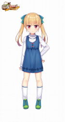 Rule 34 | 1girl, blonde hair, blue bow, blue dress, blush, bow, character request, closed mouth, dress, full body, green footwear, hair bow, hand on own hip, hitsuki rei, long hair, long sleeves, looking at viewer, official art, red eyes, shoes, sleeveless, sleeveless dress, sleeves past wrists, snowdreams -lost in winter-, socks, solo, standing, sweater, turtleneck, turtleneck sweater, twintails, v-shaped eyebrows, white socks, white sweater