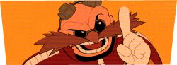 Rule 34 | 1boy, bald, border, digimin, dr. eggman, eyewear on head, facial hair, glasses, gloves, goggles, grey-framed eyewear, hand up, happy, index finger raised, jacket, looking at viewer, male focus, mustache, official art, open mouth, orange background, pince-nez, red jacket, round eyewear, simple background, smile, solo, sonic (series), sunglasses, teeth, the murder of sonic the hedgehog, tongue, transparent border, upper body, v-shaped eyebrows, white gloves