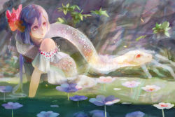 Rule 34 | 1girl, all fours, bare shoulders, blurry, dress, fantasy, flower, hair flower, hair ornament, highres, hogecomhoge, light, light particles, light rays, long hair, looking back, looking up, original, partially submerged, pink eyes, purple hair, snake, solo, water, white dress