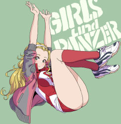 Rule 34 | 1girl, absurdres, arms up, ass, bangs pinned back, blonde hair, blouse, blush, breasts, closed mouth, commentary request, copyright name, fingernails, from side, full body, girls und panzer, green background, green eyes, gym uniform, hair ornament, hairband, highres, jacket, kneehighs, long hair, looking at viewer, medium breasts, multicolored shirt, open clothes, open jacket, popped collar, red shirt, red shorts, red socks, sasaki akebi, shirt, shoes, short shorts, short sleeves, shorts, simple background, sleeveless, sleeveless shirt, smile, sneakers, socks, solo, thighs, wavy hair, white shirt, yamashita shun&#039;ya