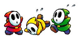 Rule 34 | 3boys, belt, black belt, blue footwear, boots, green tunic, highres, mario (series), mask, multiple boys, nintendo, official alternate color, official art, red tunic, shy guy, simple background, white background, yellow tunic, yoshi&#039;s island ds