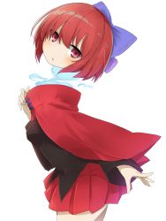 Rule 34 | 1girl, black shirt, blue bow, blush, bow, breasts, cape, commentary request, cowboy shot, disembodied head, hair between eyes, hair bow, hand up, high collar, highres, long sleeves, looking at viewer, miniskirt, pleated skirt, red cape, red eyes, red hair, red skirt, sekibanki, shirt, short hair, simple background, skirt, small breasts, solo, standing, touhou, tyouseki, white background