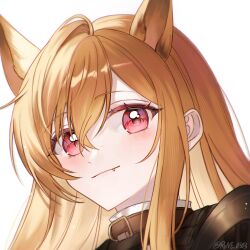 Rule 34 | 1girl, animal ears, arknights, black jacket, blush, brown hair, ceobe (arknights), closed mouth, commentary request, fang, fang out, hair between eyes, jacket, long hair, looking at viewer, portrait, red eyes, rin (ryne 0303), smile, solo, twitter username