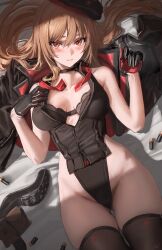 Rule 34 | 1girl, athenawyrm, bed sheet, beret, black bra, black jacket, black leotard, blush, bra, breasts, brown hair, bullet, cleavage, commentary, english commentary, gloves, goddess of victory: nikke, harness, hat, highleg, highleg leotard, highres, jacket, leotard, looking at viewer, lying, medium breasts, multicolored clothes, multicolored gloves, on bed, open clothes, open jacket, pantyhose, rapi (nikke), red eyes, solo, thighhighs, thighs, underwear