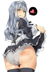 Rule 34 | 1girl, ass, black thighhighs, clenched teeth, clothes lift, dress, dress lift, heart, heart-shaped pupils, idolmaster, idolmaster (classic), long hair, looking at viewer, maid, maid headdress, panties, pussy juice, shijou takane, silver hair, simple background, skirt, skirt lift, smile, solo, spanked, spoken heart, symbol-shaped pupils, tears, teeth, thighhighs, tuxedo de cat, underwear, wet, wet clothes, wet panties, white background, white panties