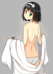 Rule 34 | 1girl, aqua eyes, ass, back, black hair, blush, dated, endless dungeon, flat ass, from behind, grey background, hairband, kinta (distortion), looking at viewer, looking back, panties, short hair, signature, simple background, solo, topless, twisted neck, underwear, white panties