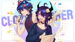 Rule 34 | 2others, androgynous, animal ears, blue eyes, blue hair, choker, clozy (vtuber), demon, demon horns, highres, horns, indie virtual youtuber, looking at another, multiple others, pale skin, pointy ears, purple eyes, purple hair, tattoo, virtual youtuber, xeapher, xeapher (vtuber)