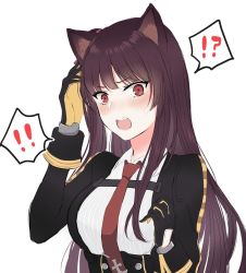Rule 34 | !, !!, !?, 1girl, animal ears, black gloves, black jacket, blush, breasts, cat ears, girls&#039; frontline, gloves, hand in own hair, highres, jacket, long hair, looking at viewer, necktie, open mouth, purple hair, red eyes, red necktie, shirt, solo, sui (camellia), sweat, teardrop, upper body, wa2000 (girls&#039; frontline), white background, white shirt