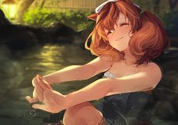 Rule 34 | 1girl, ^ ^, animal ears, backlighting, bare arms, bare shoulders, bathing, blurry, blurry background, blush, brown hair, closed eyes, closed mouth, collarbone, commentary request, depth of field, face, head tilt, horse ears, knee up, lantern, long hair, naked towel, nice nature (umamusume), onsen, ouri (aya pine), partially submerged, sitting, smile, solo, stretching, towel, towel on head, twintails, umamusume, water