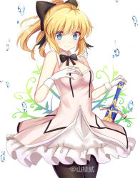 Rule 34 | 1girl, artoria pendragon (all), artoria pendragon (fate), blue eyes, bow, detached collar, fate/grand order, fate/unlimited codes, fate (series), gloves, hair bow, hand on hilt, pale skin, saber (fate), saber lily, shanguier, sheath, sheathed, simple background, solo, sword, water, weapon, white background