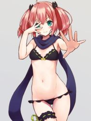 Rule 34 | 10s, 1girl, ahoge, aqua eyes, bad id, bad twitter id, bikini, black bikini, black bra, black panties, blush, bow, bow bra, bra, breasts, bridal garter, chuunibyou demo koi ga shitai!, cosplay, cowboy shot, facial mark, gatchaman crowds, grey background, groin, hair ornament, heart, lace, lace-trimmed bra, lace trim, looking at viewer, lowleg, lowleg panties, miya utsutsu, navel, one eye covered, outstretched arm, outstretched hand, panties, pink hair, ribbon-trimmed bra, ribbon trim, rimo, scarf, shichimiya satone, simple background, small breasts, smile, solo, swimsuit, twintails, underwear, underwear only, utsutsu (cosplay)