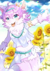 Rule 34 | 1girl, :d, ahoge, animal ear fluff, animal ears, blue sky, blurry, blurry background, cloud, cloudy sky, commission, day, depth of field, fangs, field, flower, flower field, furry, furry female, green eyes, hair between eyes, hair intakes, kou hiyoyo, open mouth, original, outdoors, outstretched arm, pink hair, shirt, skeb commission, skirt, sky, sleeveless, sleeveless shirt, smile, solo, standing, sunflower, sunflower field, tail, white shirt, white skirt, yellow flower