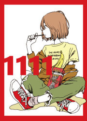 Rule 34 | 1girl, bob cut, border, brown hair, brown jacket, commentary request, flat color, food, full body, highres, holding, holding food, holding pocky, hosoo, jacket, looking to the side, open clothes, open jacket, original, pocky, red border, shirt, shoes, short hair, short sleeves, sitting, sneakers, socks, solo, velvet underground, yellow shirt