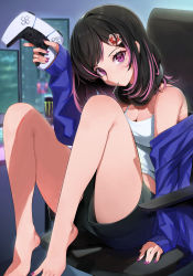 Rule 34 | 1girl, absurdres, bare legs, bare shoulders, barefoot, black hair, black shorts, blue jacket, breasts, cleavage, controller, game console, game controller, hair ornament, highres, holding, holding controller, holding game controller, indoors, jacket, long sleeves, looking at viewer, medium breasts, medium hair, monitor, monster energy, mouth hold, multicolored hair, multiple monitors, nail polish, off shoulder, on chair, open clothes, open jacket, original, pink hair, playstation 5, purple eyes, purple nails, short shorts, shorts, sitting, sleeves past wrists, solo, streaked hair, suzuharu toufu, toenail polish, toenails