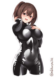 Rule 34 | 1girl, black bodysuit, blush, bodysuit, breasts, brown eyes, brown hair, cropped legs, ebifurya, hair between eyes, highres, ise (kancolle), kantai collection, large breasts, latex, latex bodysuit, looking at viewer, one-hour drawing challenge, open mouth, ponytail, shiny clothes, short hair, simple background, solo, twitter username, white background