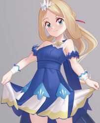 Rule 34 | 1girl, aqua eyes, armlet, bare shoulders, blonde hair, blue dress, closed mouth, clothes lift, commentary, cowboy shot, creatures (company), dress, dress lift, english commentary, eyelashes, flower, game freak, gazing eye, grey background, hair ribbon, highres, lifted by self, long hair, looking at viewer, mixed-language commentary, nintendo, official alternate costume, parted bangs, pokemon, pokemon masters ex, red ribbon, ribbon, serena (champion) (pokemon), serena (pokemon), simple background, smile, solo, tiara, white flower, wrist cuffs