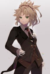 Rule 34 | 1girl, absurdres, blonde hair, fate/apocrypha, fate/grand order, fate (series), gloves, green eyes, hair intakes, hand on own hip, highres, long hair, looking at viewer, mordred (fate), mordred (fate/apocrypha), mordred (formal dress) (fate), necktie, ponytail, same (sendai623), scrunchie, smirk, solo, standing, tuxedo, white gloves, wind