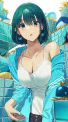 Rule 34 | 1girl, blue eyes, blue hair, blue jacket, blue nails, blush, breasts, cleavage, earrings, hair between eyes, highres, jacket, jewelry, large breasts, long sleeves, looking at viewer, nail polish, noeru, open clothes, open jacket, original, parted lips, shirt, short hair, single bare shoulder, solo, upper body, whale earrings, white shirt