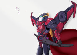 Rule 34 | 1girl, absurdres, autobot, blue eyes, breasts, highres, makeup, mechanical wings, no humans, solo, sword, transformers, weapon, windblade, wings