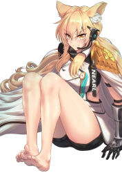 Rule 34 | &gt;:), 1girl, animal ear fluff, animal ears, arknights, armor, bare legs, barefoot, black shorts, blonde hair, character name, commentary request, dress, headset, highres, knees up, long hair, looking at viewer, nearl (arknights), nearl the radiant knight (arknights), short shorts, shorts, shoulder armor, simple background, sitting, smile, solo, thighs, v-shaped eyebrows, vambraces, white background, white dress, yamauchi (conan-comy), yellow eyes