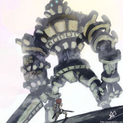 Rule 34 | 1boy, alex ahad, blue eyes, colossus, gaius (shadow of the colossus), glowing, glowing eyes, red hair, shadow of the colossus, short hair, size difference, surcoat, sword, wander (shadow of the colossus), watermark, weapon, web address