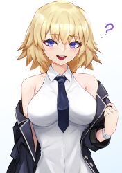 Rule 34 | 1girl, ?, bare shoulders, black jacket, blonde hair, blue eyes, blush, braid, braided ponytail, breasts, fate/apocrypha, fate (series), highres, jacket, jeanne d&#039;arc (fate), jeanne d&#039;arc (girl from orleans) (fate), jeanne d&#039;arc (ruler) (fate), large breasts, long hair, long sleeves, looking at viewer, necktie, off shoulder, open clothes, open jacket, open mouth, shirt, sleeveless, sleeveless shirt, smile, solo, umeo (pixiv51103813), watch, white shirt, wristwatch