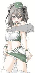 Rule 34 | 1girl, black ribbon, blouse, boots, bracelet, grabbing another&#039;s breast, bright pupils, brown eyes, choker, clothes lift, commentary, disembodied limb, elf (stroll in the woods), frilled skirt, frills, garrison cap, girls und panzer, grabbing, grabbing from behind, green choker, green headwear, green shirt, green skirt, hair ribbon, half-closed eyes, hat, highres, jewelry, kneeling, lifted by self, light blush, light brown hair, long hair, looking at viewer, midriff, miniskirt, navel, official alternate costume, one side up, open mouth, pacific racing team, panties, race queen, ribbon, saliva, shimada arisu, shirt, simple background, skirt, skirt lift, sleeveless, sleeveless shirt, textless version, thigh boots, thighhighs, trembling, underwear, white background, white footwear, white panties, white pupils