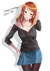 Rule 34 | 1girl, bare shoulders, black pantyhose, black shirt, blue skirt, blush, bracelet, breasts, character name, cleavage, collarbone, commentary request, denim, denim skirt, earrings, english text, hand in own hair, hand on own hip, happy birthday, highres, hojo karen, idolmaster, idolmaster cinderella girls, jewelry, long hair, looking at viewer, medium breasts, nail polish, necklace, open mouth, orange eyes, orange hair, pantyhose, shirt, shogun (a96040021), simple background, skirt, smile, solo, standing, white background