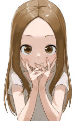 Rule 34 | 1girl, absurdres, brown eyes, brown hair, closed mouth, commentary request, forehead, highres, karakai jouzu no takagi-san, long hair, looking at viewer, parted bangs, shirt, short sleeves, simple background, smile, solo, takagi-san, upper body, white background, white shirt, yamamoto souichirou