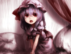 Rule 34 | 1girl, all fours, bed, blue hair, canopy bed, cushion, dress, fang, female focus, hat, junwool, open mouth, pink dress, red eyes, remilia scarlet, solo, touhou