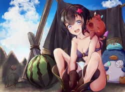 Rule 34 | 1girl, :d, artist name, bad id, bad pixiv id, bandeau, bare shoulders, bikini, bird, black hair, breasts, clear glass (mildmild1311), cleavage, unworn clothes, collarbone, cosplay, fire emblem, fire emblem awakening, fire emblem heroes, food, fruit, hair ornament, highres, holding, holding food, ice cream, ice cream cone, looking at viewer, morgan (female) (fire emblem), morgan (fire emblem), nintendo, octopus, open mouth, outdoors, penguin, popsicle, purple eyes, robe, robin (female) (fire emblem), robin (female) (fire emblem) (cosplay), robin (fire emblem), signature, sitting, small breasts, smile, solo, strapless, strapless bikini, swimsuit, twitter username, watermelon