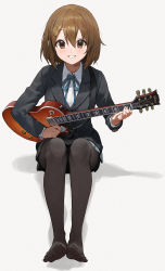 Rule 34 | 1girl, :d, black jacket, black pantyhose, blazer, blue ribbon, blush, brown eyes, brown hair, commentary, electric guitar, full body, grey background, grey skirt, grin, guitar, hair between eyes, hair ornament, hairclip, highres, hirasawa yui, instrument, jacket, k-on!, long sleeves, looking at viewer, miniskirt, modare, music, neck ribbon, no shoes, open mouth, pantyhose, playing instrument, pleated skirt, plectrum, ribbon, school uniform, short hair, simple background, sitting, skirt, smile, solo