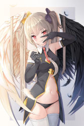 Rule 34 | 1girl, absurdres, bare shoulders, black bow, black gloves, black panties, black shirt, black wings, blonde hair, bow, breasts, center opening, cleavage cutout, clothing cutout, collared shirt, commentary, cowboy shot, cross, elbow gloves, fang, feathered wings, feathers, gloves, hair bow, highres, lisu, long hair, looking at viewer, medium breasts, navel, necktie, no pants, orange bow, original, panties, red eyes, revealing clothes, shirt, short necktie, sleeveless, sleeveless shirt, smile, solo, stomach, thighhighs, twintails, underwear, v, very long hair, white thighhighs, white wings, wings