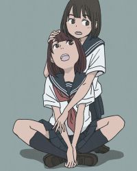 Rule 34 | 2girls, aqua background, between legs, black socks, blouse, blue sailor collar, blue skirt, brown eyes, brown footwear, brown hair, butterfly sitting, flat color, full body, hand on another&#039;s head, highres, hosoo, hug, hug from behind, indian style, kneehighs, kneeling, loafers, looking to the side, monochrome, multiple girls, neckerchief, open mouth, original, own hands together, pleated skirt, red neckerchief, sailor collar, school uniform, serafuku, shadow, shirt, shoes, short sleeves, simple background, sitting, skirt, socks, teeth, v arms, white shirt